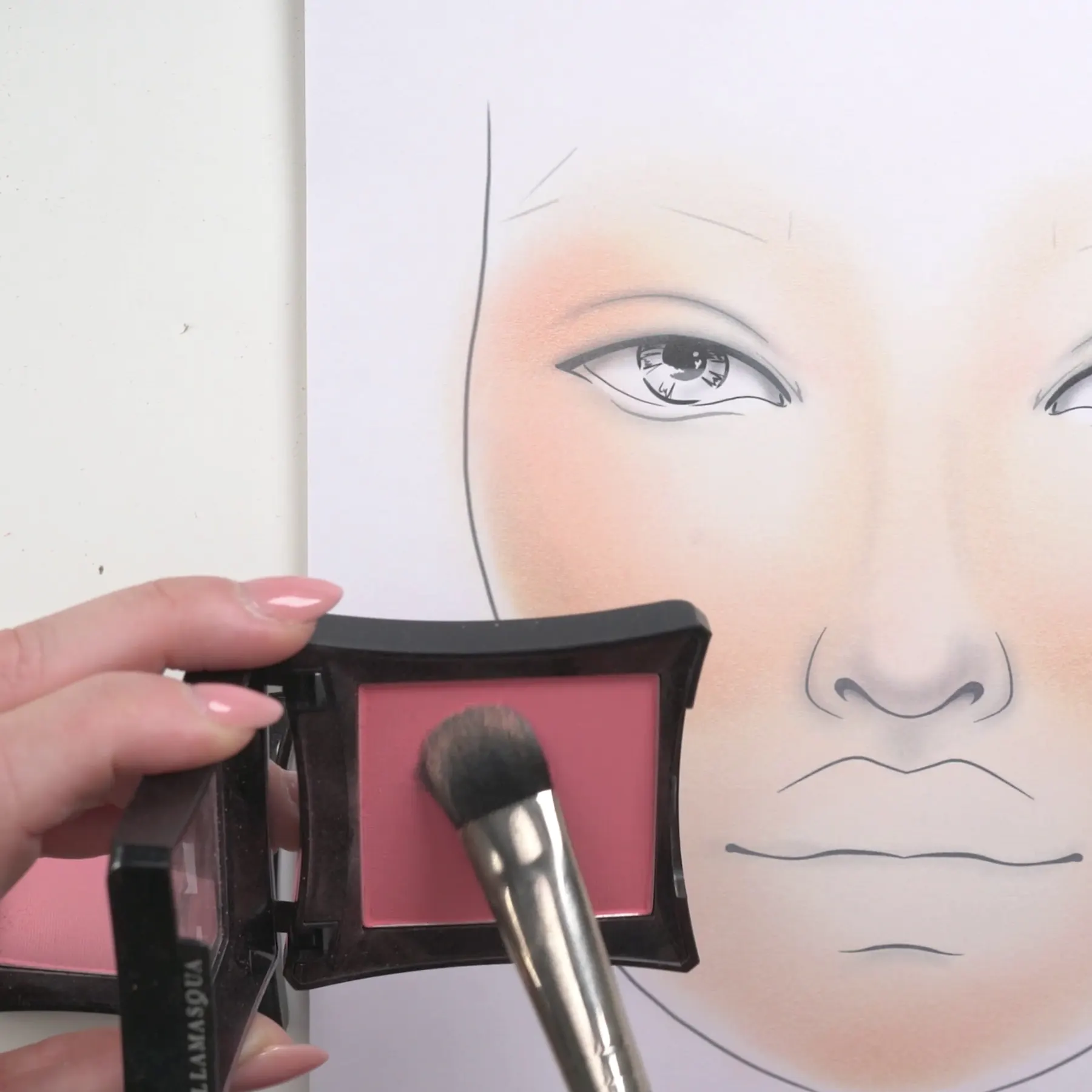 Mano de María José aplicando colorete con pincel sobre un Facechart Pro